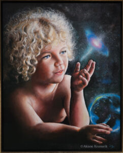 Painting of a young child gazing at the universe, titled 'The Journey' by Akiane Kramarik.
