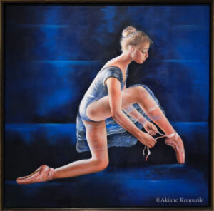 Painting of a young ballerina tying her pointe shoes, titled 'This Is My Life' by Akiane Kramarik.