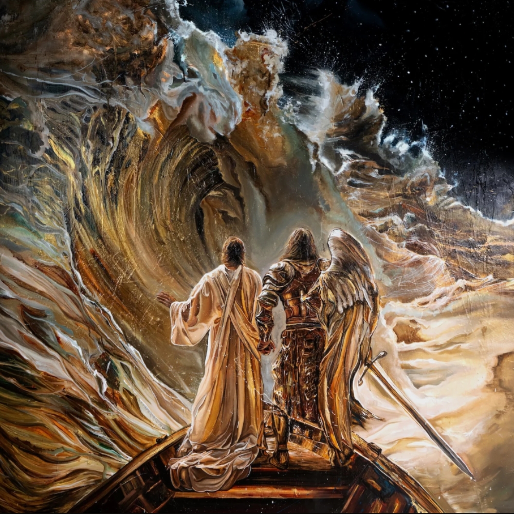 Three figures—one angelic with wings and sword, two in robes—stand on a boat facing a swirling cosmic vortex amidst stormy clouds, evoking a dramatic, mystical, and apocalyptic scene.