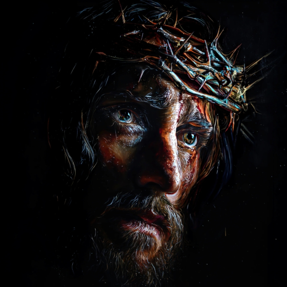 A man with a sorrowful expression wears a crown of thorns on his head, with dramatic lighting highlighting his face against a dark background.