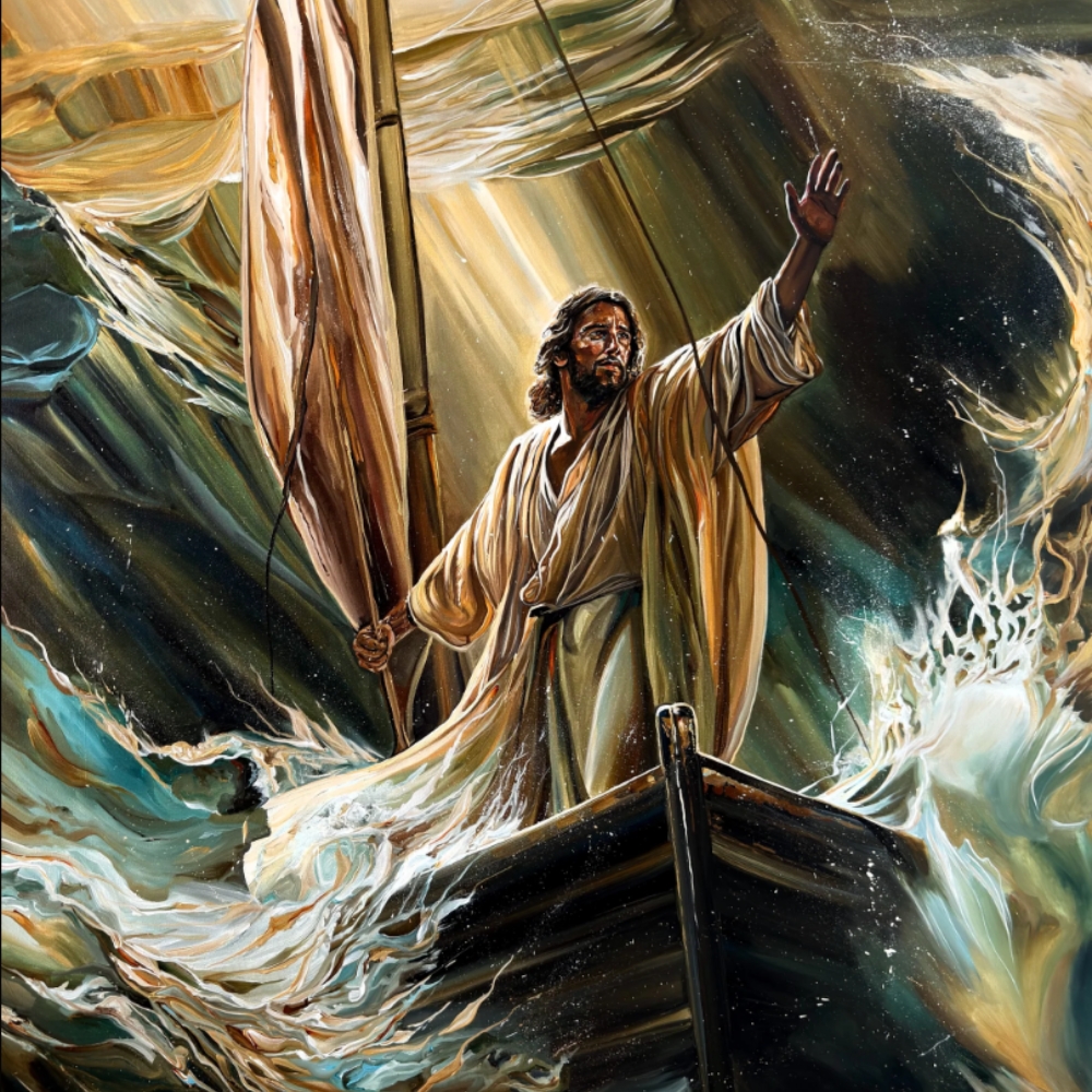 A man in flowing robes stands on a boat amid stormy waves, raising one hand as if calming the sea, illuminated by dramatic, golden light.