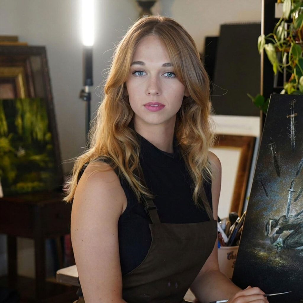 A woman with long blonde hair wearing a dark apron sits in an art studio, holding a paintbrush next to a partially painted canvas, with framed artwork and plants in the background.