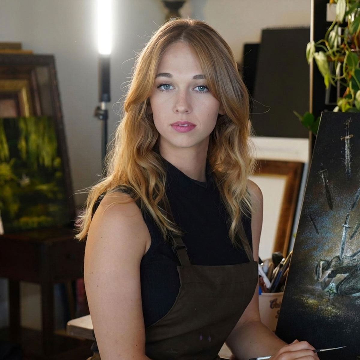 A woman with long blonde hair wearing a dark apron sits in an art studio, holding a paintbrush next to a partially painted canvas, with framed artwork and plants in the background.