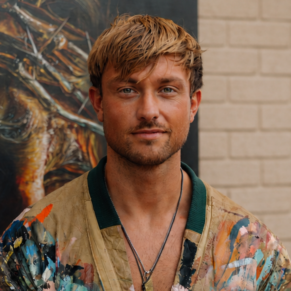 A young man with light brown hair and a trimmed beard stands in front of a brick wall and painting, wearing a colorful, paint-splattered jacket and necklaces, looking confidently at the camera.