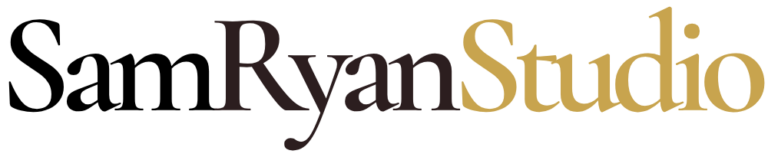 The logo displays the text SamRyanStudio in a serif font. SamRyan is in black, while Studio is in gold. The background is light gray.