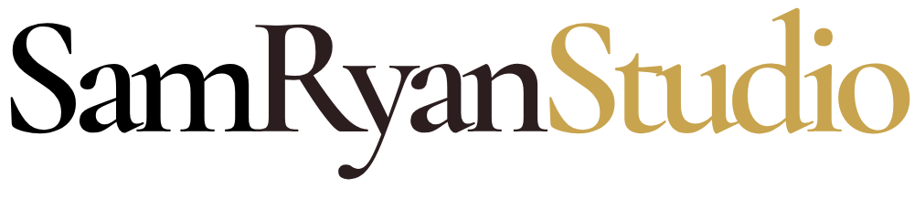 The logo displays the text SamRyanStudio in a serif font. SamRyan is in black, while Studio is in gold. The background is light gray.
