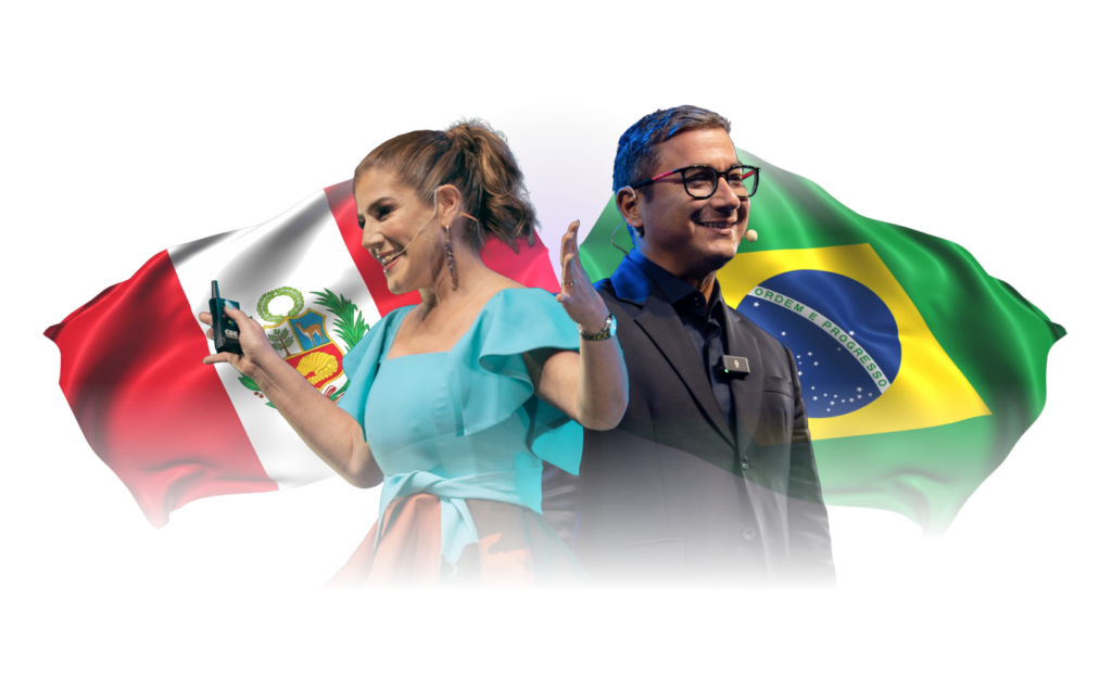 A woman in a blue dress and a man in a suit stand smiling, with the Peru flag behind her and the Brazil flag behind him.