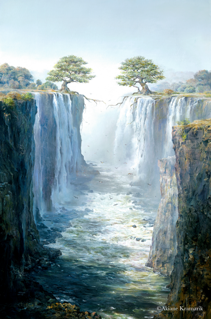 Two trees grow atop opposite cliffs separated by waterfalls, their roots stretching toward each other over the chasm. Water cascades down the cliffs into a river below. The scene is surreal and tranquil.