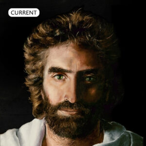 A painting of a man with long brown hair, a beard, and green eyes, wearing a white robe, set against a dark background.
