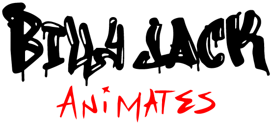 Graffiti-style black text reads Billy Jack with red handwritten text below reading Animates on a light gray background.
