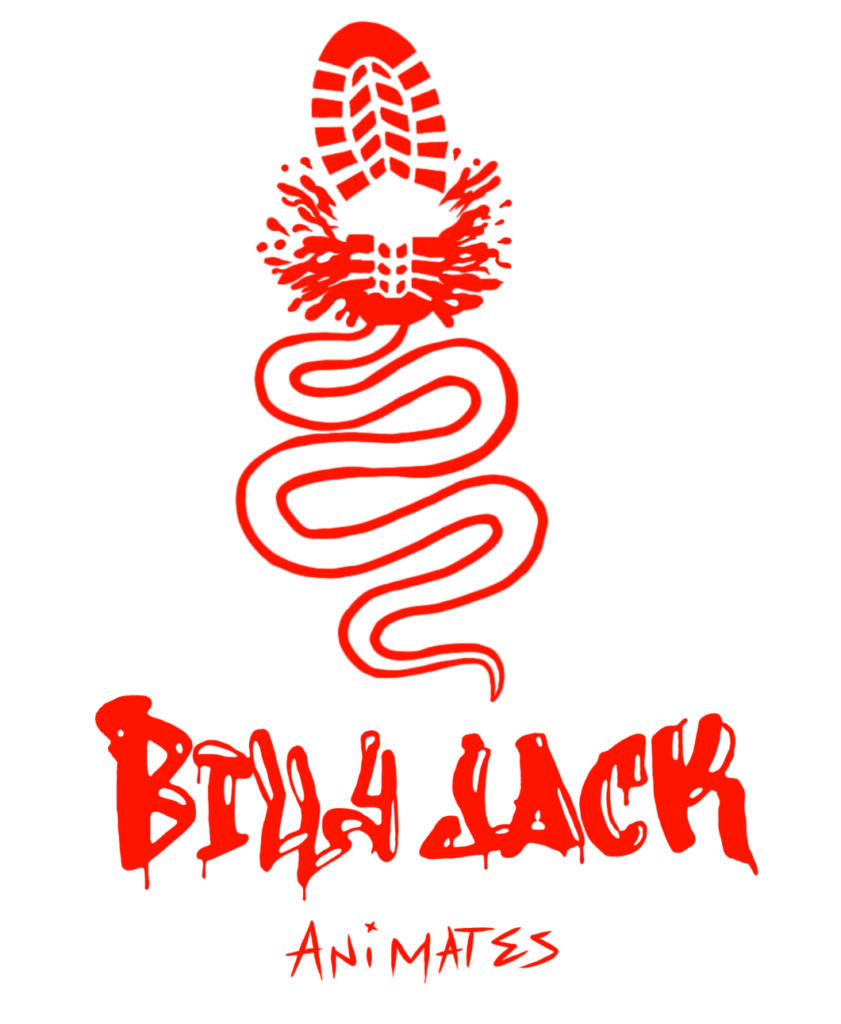 Red graphic with a boot print above a snake and pinecone; Billy Jack is written in bold, dripping letters below, with Animates in smaller text underneath. White background.