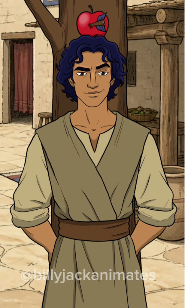An animated young man with curly dark hair stands in front of a tree with a red apple on top. He wears a tan tunic and has his hands behind his back. The scene appears to be set in a rustic village.