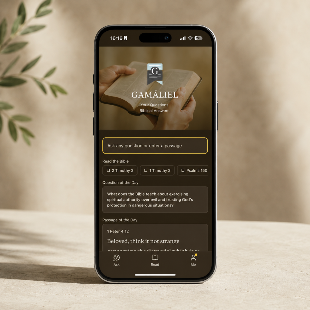 A smartphone displays a Bible app called Gamaliel, offering biblical answers, daily questions, and passages. The background features a neutral-toned table with a leafy plant and a beige wall.