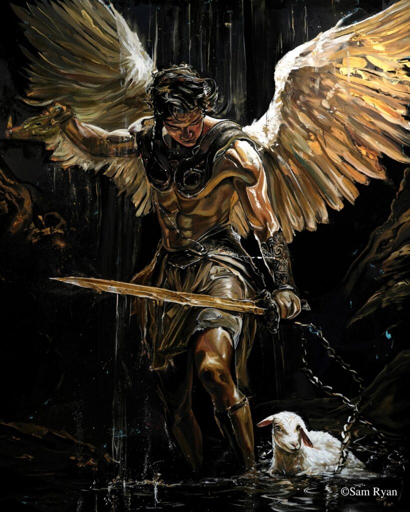A muscular angel with golden wings stands in dark water, holding a glowing sword. A white lamb on a chain stands by his side. The scene is dramatic, with light highlighting the angels form and feathers.
