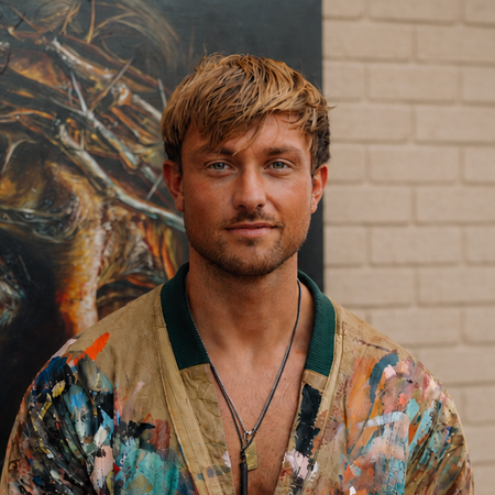 A man with light brown hair and a short beard, wearing a colorful paint-splattered jacket, stands in front of a beige brick wall and an abstract painting.