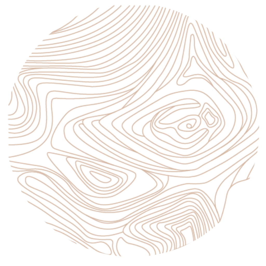 Circular abstract pattern with light brown, swirling contour lines resembling topographic map lines on a white background.