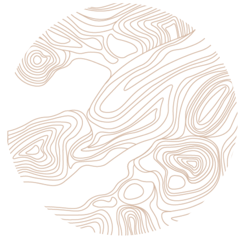 Circular design with thin, light brown contour lines forming abstract, wavy, topographic patterns on a white background.