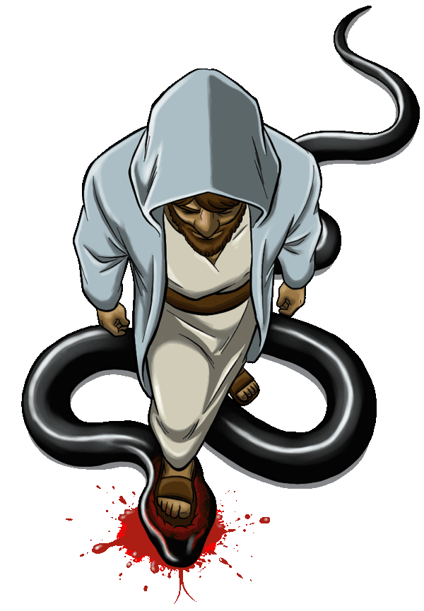 A hooded man in white robes steps on a large black snake, causing it to bleed where his sandal presses down. The snake coils around him, and the scene is viewed from above.