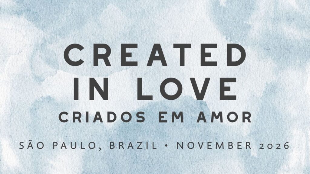 Text on a light blue watercolor background reads: Created in Love, Criados em Amor, São Paulo, Brazil • November 2026..