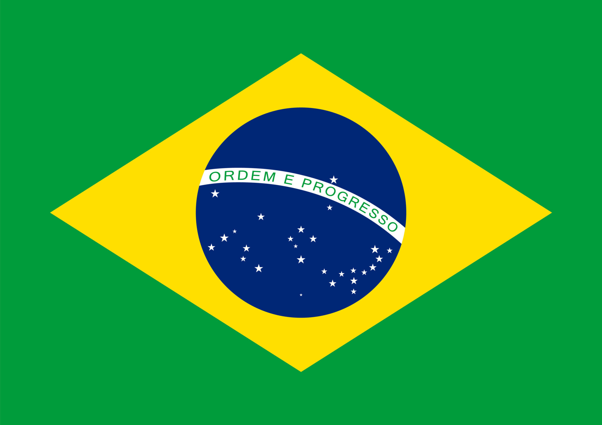 The national flag of Brazil featuring a green field, a yellow rhombus, and a central blue globe with a white band reading ORDEM E PROGRESSO and scattered white stars.