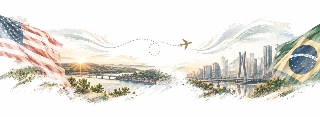 A watercolor-style illustration of a plane flying along a dotted path from the United States to a Brazilian cityscape.
